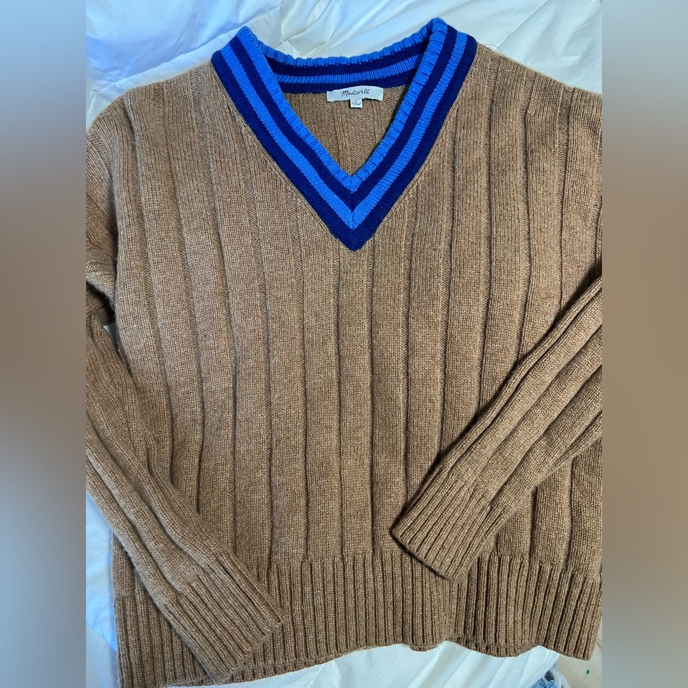 Madewell V-Neck Sweater - Tan and Blue - Picture 3 of 6